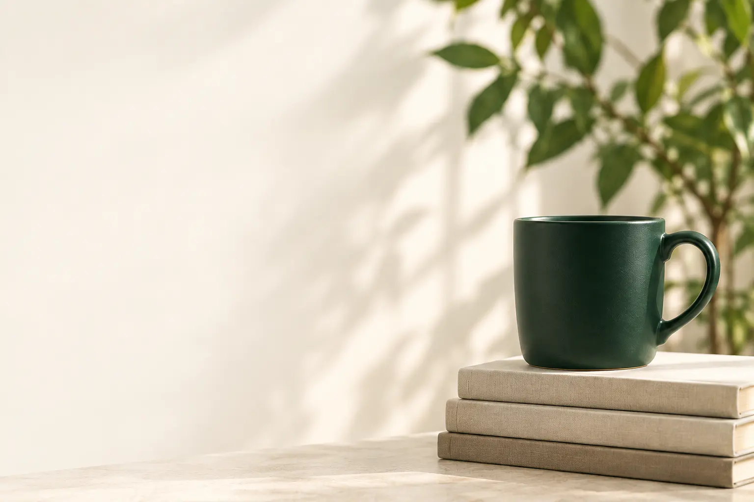 Taza verde y libros en un espacio de consulta iluminado naturalmente