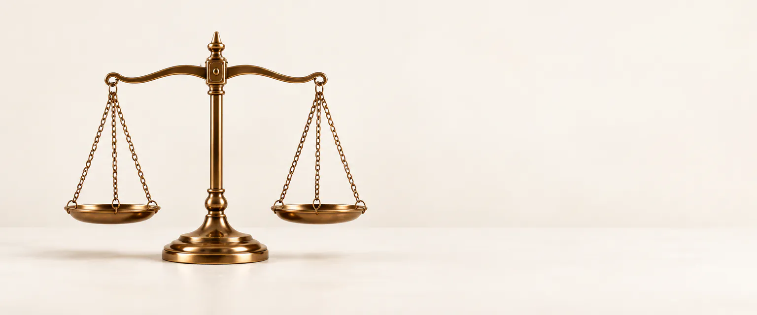 Balanza de latón en equilibrio sobre un fondo marfil