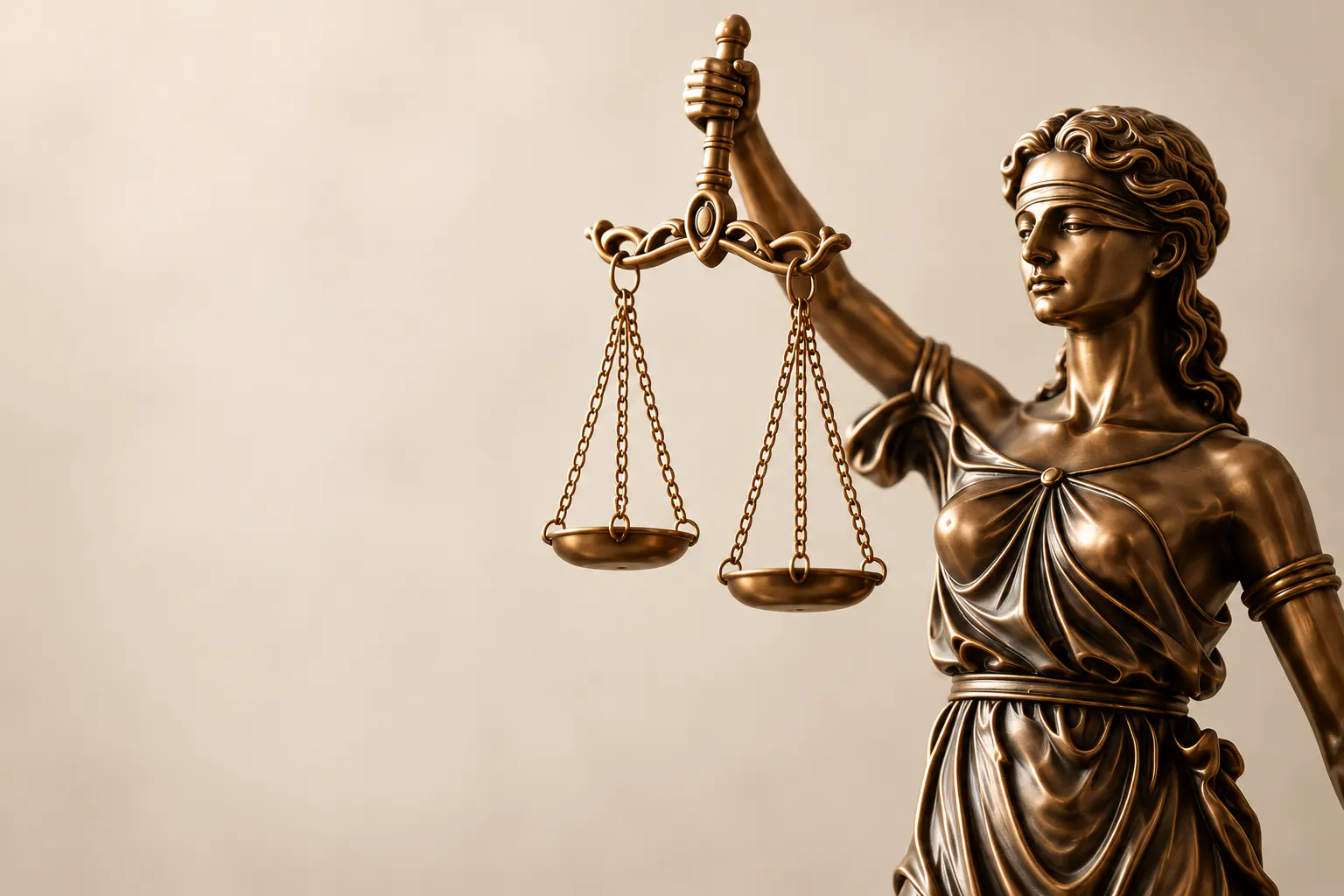 Escultura de la justicia con balanza sobre un fondo marfil