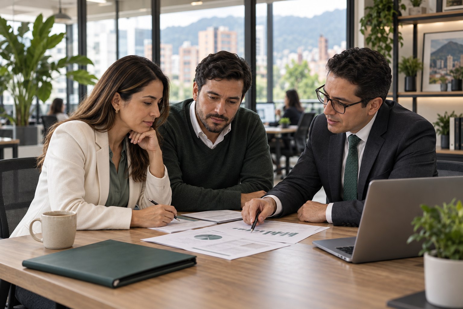 Empresarios revisando un plan de reorganización con un asesor legal en Bogotá